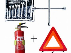 Automobile Safety Kit – Fire Extinguisher, Wheel Spanner & 8-Piece Spanner Set with Caution Sign