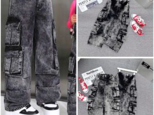 Children Cargo Jeans Black & Grey – Girls Wide-Leg Cotton Denim Pants (Ages 2–9, Brand New)