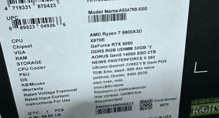 Gigabyte AORUS Gaming Desktop Ryzen 7 9800X3D | 64GB RAM | 2TB Gen5 SSD | RTX 5090 32GB | Windows 11