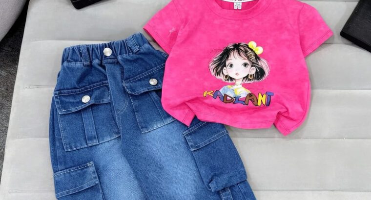 Girls 2-Piece Top & Cargo Jeans Set – Cotton Outfit for Toddlers (Age 2–3Y, Brand New)