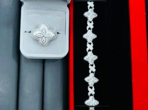 Unisex Silver Bangle and Ring Set – Adjustable, Diamond Style, Brushed Finish